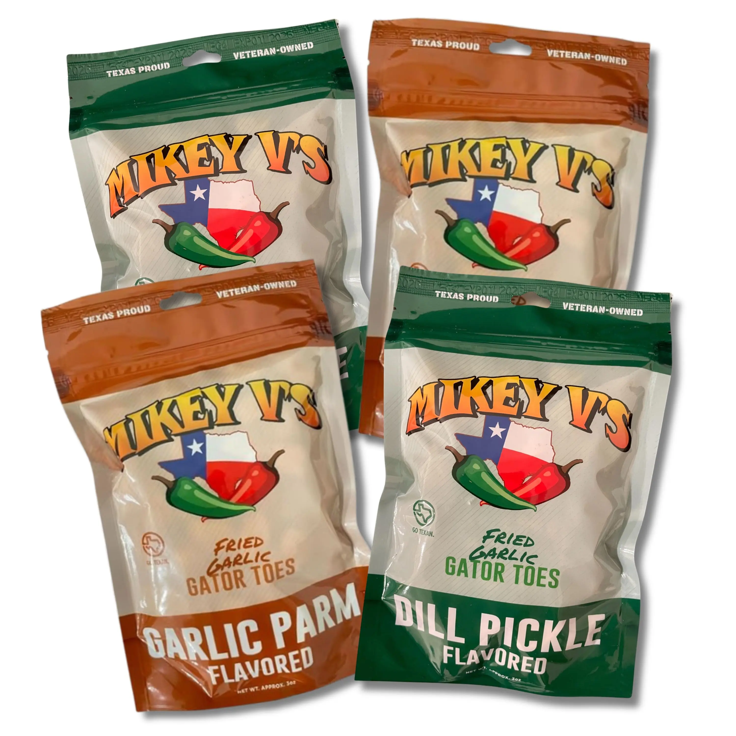 Mikey V's Fried Garlic "Gator Toes" 3.9oz Bag - 4 Bundle (2xDill Pickle, 2xGarlic Parmesean Snack Crispy Chips). Gator Toes Variety Pack, STRONG Garlic Flavor!!!!