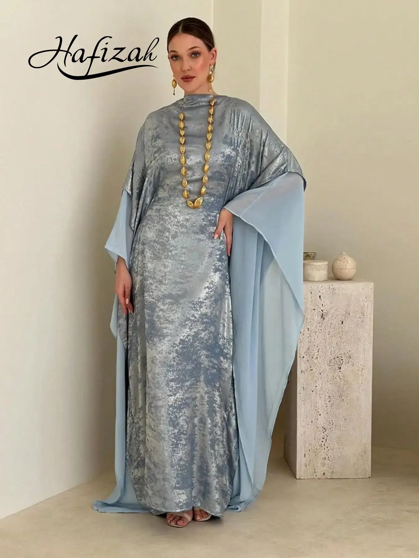Hafizah Colorblock Sheer Sleeve Velvet Robe, Flowy Waist Cinched Long Dress, Elegant Party Gown for All Seasons, Loose-Fitting Outerwear, Formal Wear, Evening Wear, Elegant Formal Style, Womenswear, Elegant Party Dresses