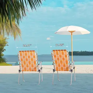 【Father's Day Gift】Outvita Set of 2 Webbed Folding Beach Chairs, Outdoor Patio Lawn Foldable Chairs for Camping Fishing Yard Poolside BBQ, Orange & White Summervibes