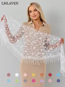 Women's Lace Fringe Triangle Neck Scarf, Elegant High-End Lace Sheer Shawl, Floral Pattern Shawl, Casual Versatile Floral Print Wrap, Suitable for Daily Use