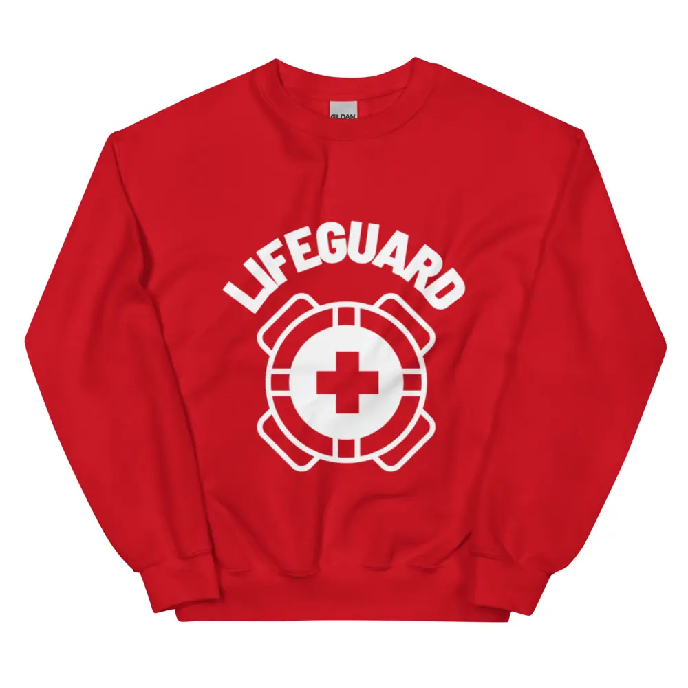 Red and White Lifeguard Crewneck Sweatshirt with Retro Graphic - Mens Womens Regular & Plus Sizes - Classic Fit Pre-Shrunk - Athletic Casual Collar