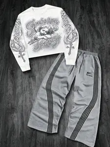 1 Set Oversized Casual Outfit, Men‘s and Women’s Street Fashion with Angel Print & Striped Joggers, Cozy Matching Set for Lounge, Casual Parties, and Trendy Style