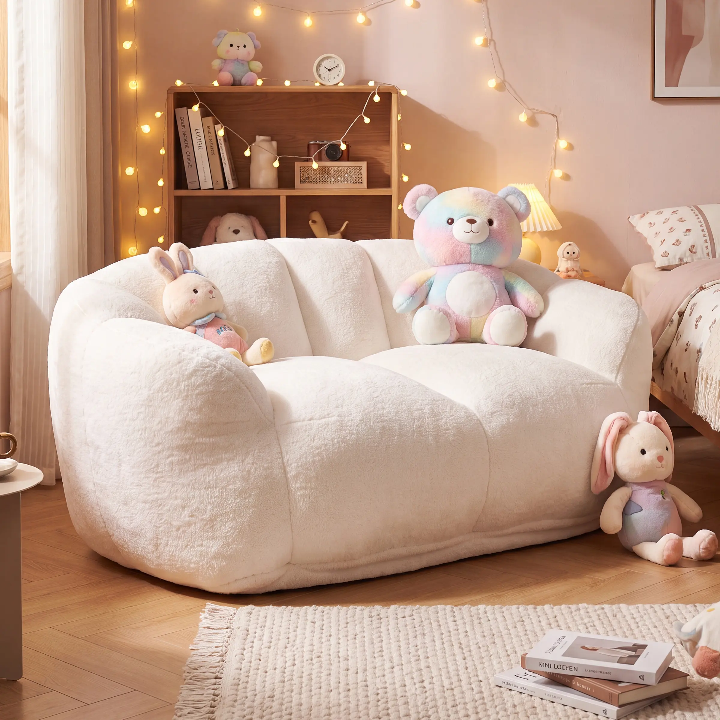 CHAIRUS Two seater Floor Lazy Sofa for Living Room Bedroom, Bean Bag Chair for Adults, Ultra Soft Fluffy Loveseat Bean Bag Sofa, Cozy Reading Chair with Filler, Beige
