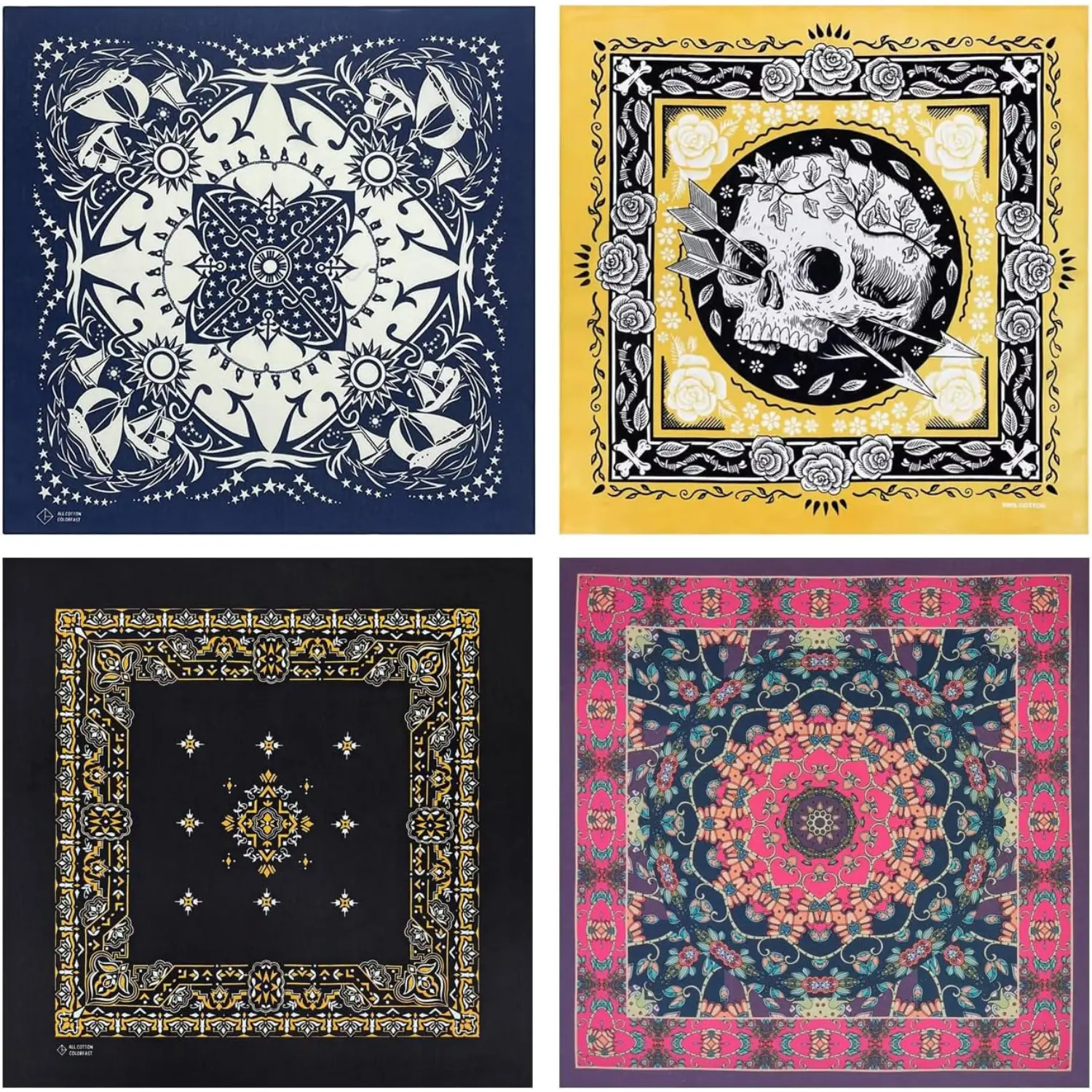 Unisex Soft Cotton Square Vintage Print Bandana Set (4-Pack) - Head Scarf, Hair Wrap, Neck Scarf for Men and Women