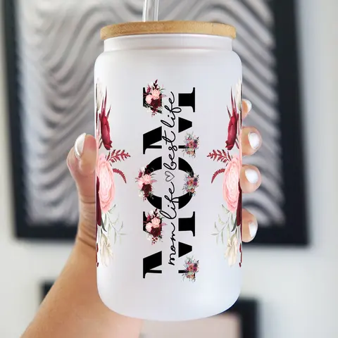 Floral Mom Life 40oz Glass Tumbler with Handle, Bamboo Lid & Straw
