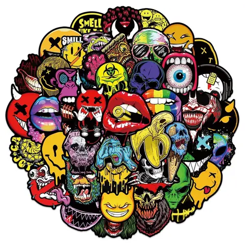 50PCS Halloween Scary Face Graffiti Waterproof Protective Stickers Decal Set Accessories For Luggage Cellphone Case Laptop Notebook Decals Protection