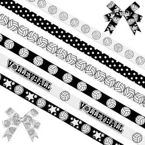 6 PCS Sports Volleyball Ribbons for Crafting, 3/8" Width Grosgrain Ribbon Black White Ribbon Ball Game Craft Ribbons for Sports Party Decor Sewing DIY Crafts Supplies