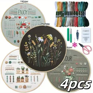4 Sets Embroidery Kit for Beginners Adults,Easy Leaning 33 Basic Embroidery Cross Stitch Practice Kits for Adults,Includes Embroidery Patterns,Hoop,Color Threads,Tools