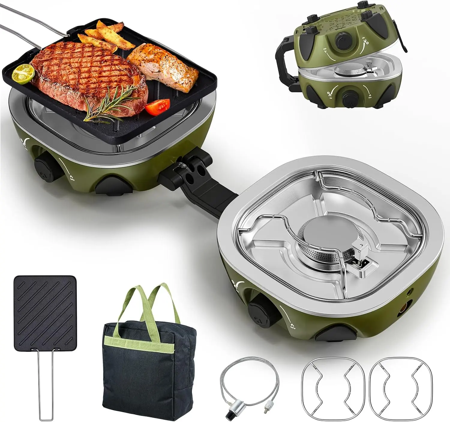 BODEGA 2 Burner Camping Stove,20000 BTU Foldable Propane Camp Stove with Pressure Adjustable Burners,Wind-Resistant Dual Gas Stoves with Portable Handle&Bag&GrillPan for Camping,BBQ,RV,Tailgating