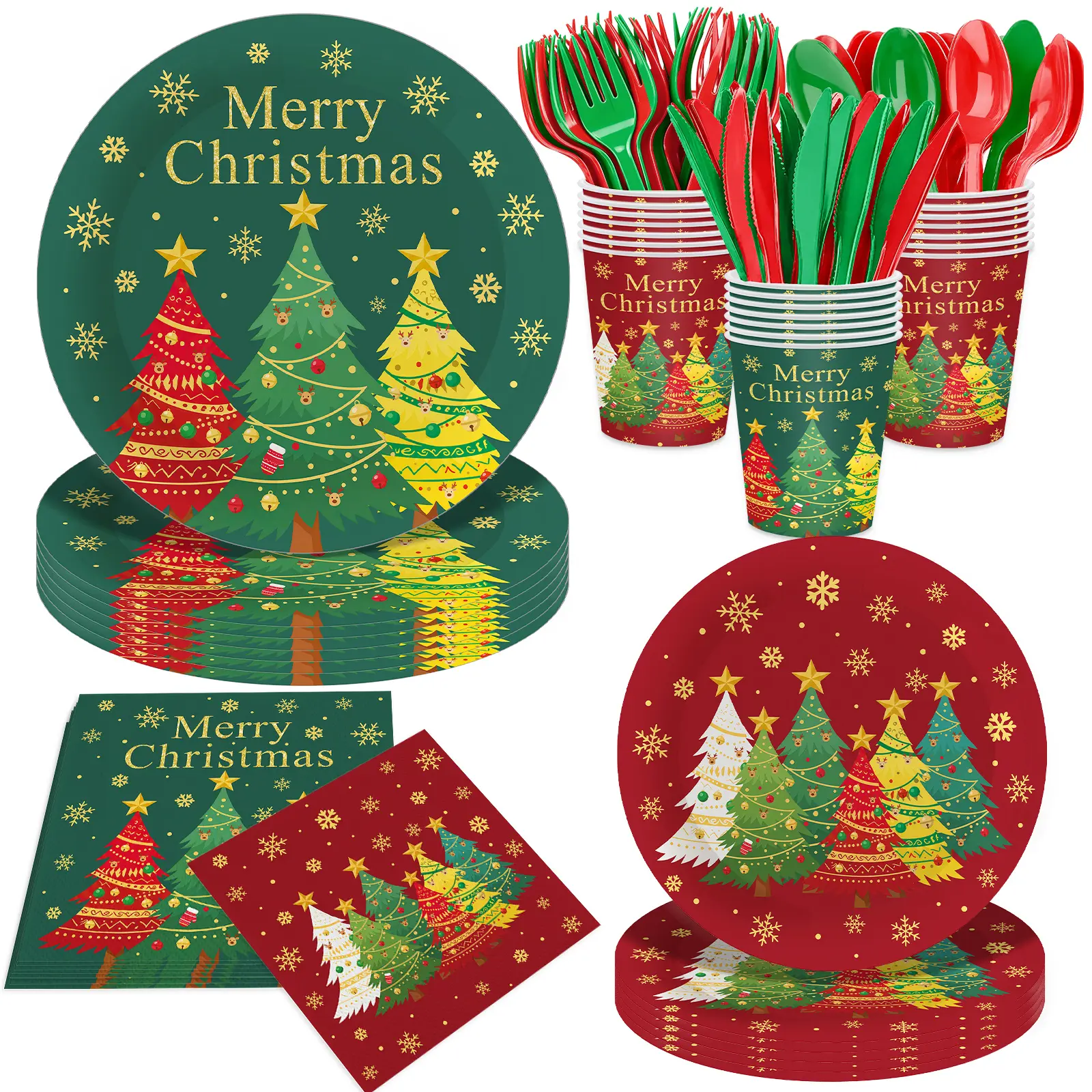 140Pcs, Merry Christmas Party Supplies Christmas Tree Plates And Napkins, Christmas Party Decorations Red And Green Plate Tableware Set for Winter Birthday, Family Gathering Party Dinner Plates, Serves 20 Guests