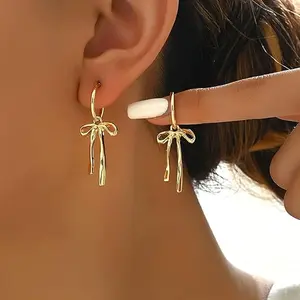 Trendy Gold Bow Huggie Hoop Earrings, Dainty Ribbon Bow Drop Earrings, Hypoallergenic Everyday Wear Jewelry for Girls