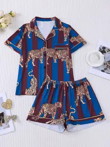 2-Piece Tiger Stripe Print Pajama Set - Unique Animal Print Short-Sleeve Fitted Style (Button-Up Collar + Pockets) - Soft Adult Home/Pajama Set for Trendsetters