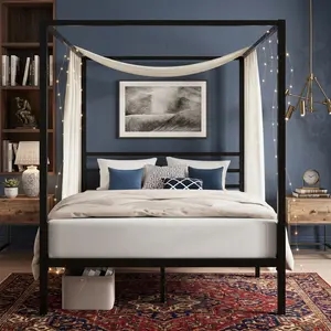 Metal Canopy Bed Frame with 4 Posts, Black Full/Queen Size Platform Bed, Sturdy Metal Slats Support, No Box Spring Required, Noise-Free & Easy Assembly Home Bedroom Decor