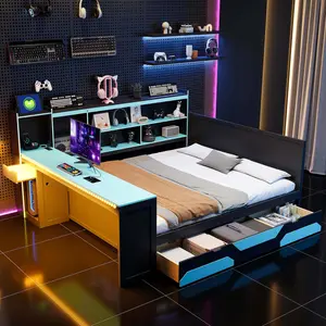 Queen Size Gaming Daybed Frame with Integrated Desk and Lights, Modern Wooden Bed Frame with 3 Storage Drawers and Built-in Charging Station, Multi-Functional Headboard Bookcase, Black+Blue
