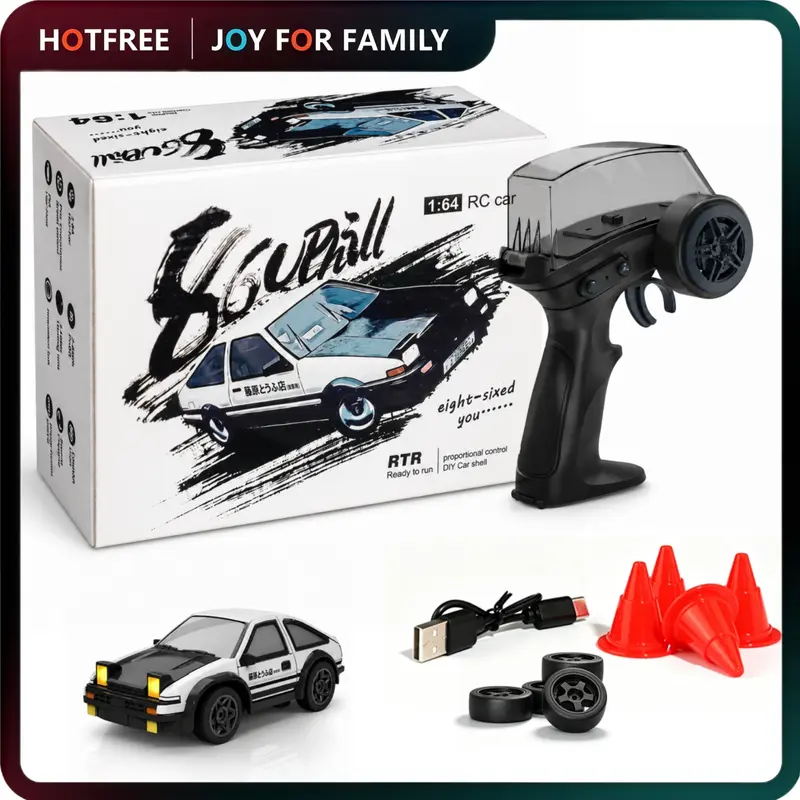Hotfree 1/64 Mini RC Drift Car AE86, 4WD High‑Speed Drift Truck, Remote‑Controlled with Multi‑Mode LED Lights & DIY Custom Stickers, Compact Portable Desktop RC Toy, Ideal Christmas Birthday Gift for Kids Boys Indoor & Outdoor Entertainment