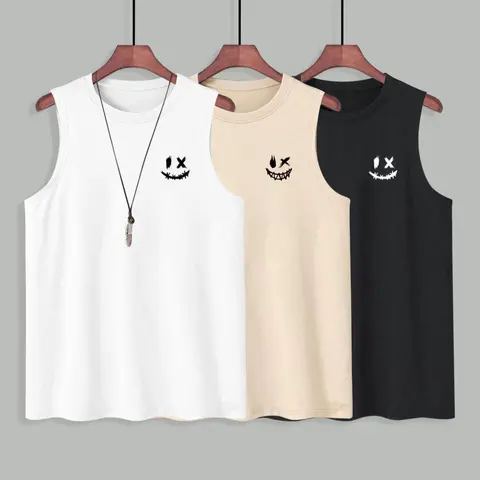 Men's Smile Face Print Tank Top, Athletic Tank Tops, Regular Fit Casual Round Neck Top for Summer, Men's Top for Daily Wear, Socks, Tank Tops Workout, Vest Tops, Sleeveless Tanks