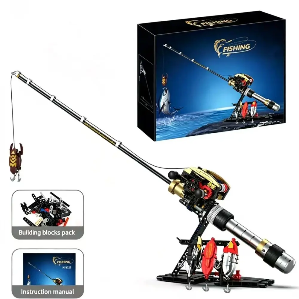 Building Blocks Fishing Rod Model, Working Reel & 4 Bait Pieces, Realistic Gear Mechanism, Stem Toy for Kids & Adults, Perfect Gift