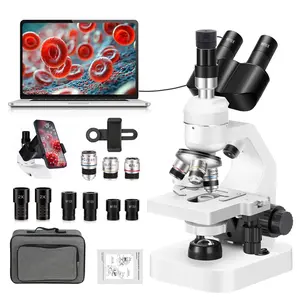 The three eye compound microscope is suitable for children and adults, with a magnification of 40 to 2000 times. This microscope is equipped with a double-layer movable stage and an electronic eyepiece that can be connected to a computer for observation.