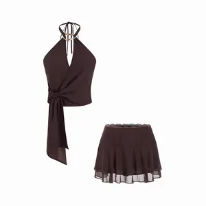 Cider Chiffon Halter Neck Ruched Top & Mid Rise Lace Panel A-line Mini Skirt Set