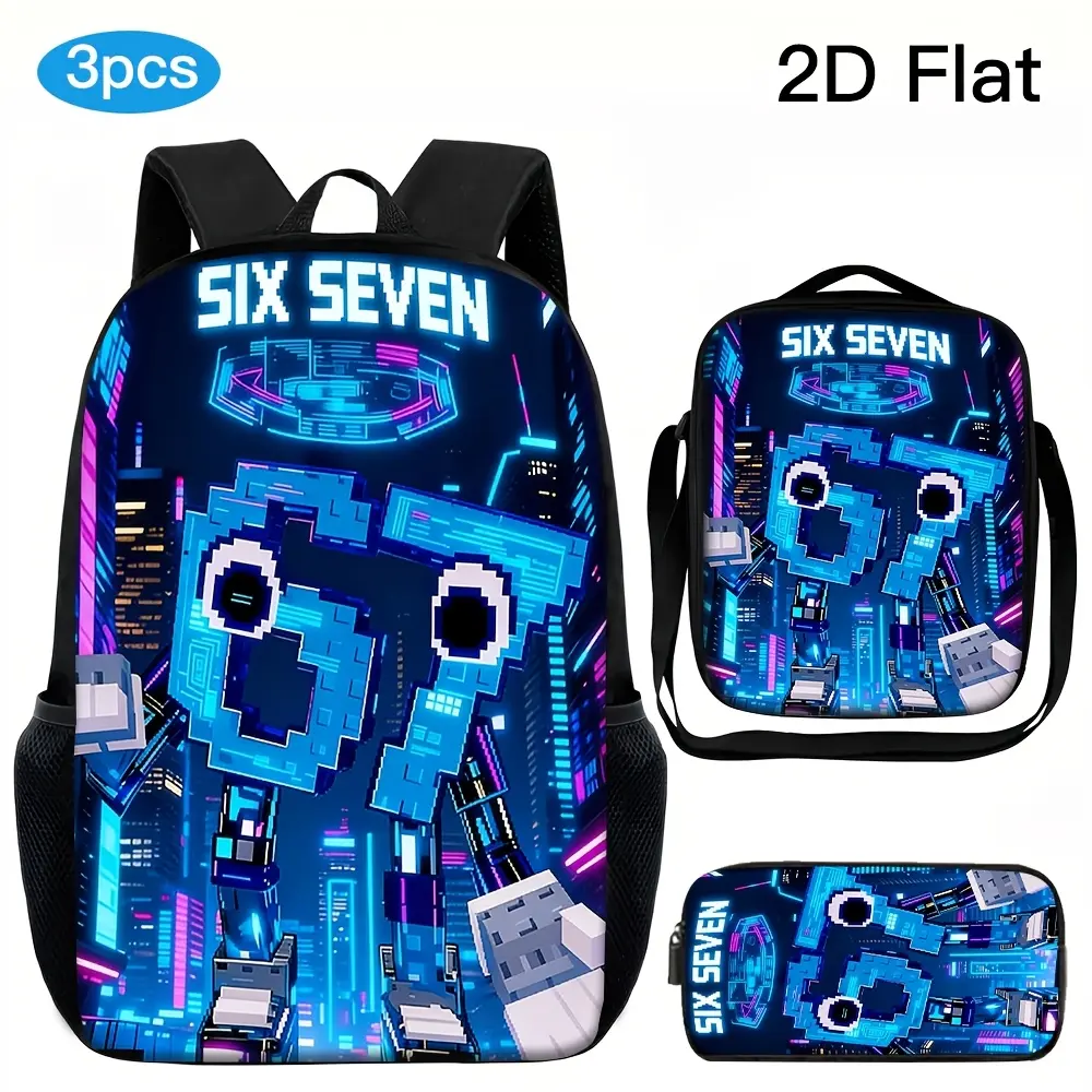 3Pcs "Six Seven" Cyberpunk Robot Print Backpack Set Durable 600D Oxford Cloth School Bag Insulated Lunch Box & Pencil Case Combo Adjustable Breathable Strap Large Capacity Fits 15in Laptop for Kids Teens School Travel Outdoor Use