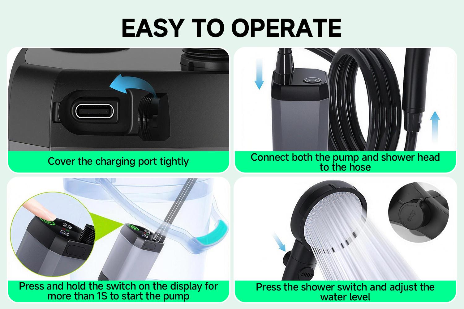 Senmeo Portable Outdoor Camping Shower - Black, 6000mAh USB Pump, Ideal for Beach, Hiking, Pet Bathing, Easy to Carry, Versatile for Outdoor Activities