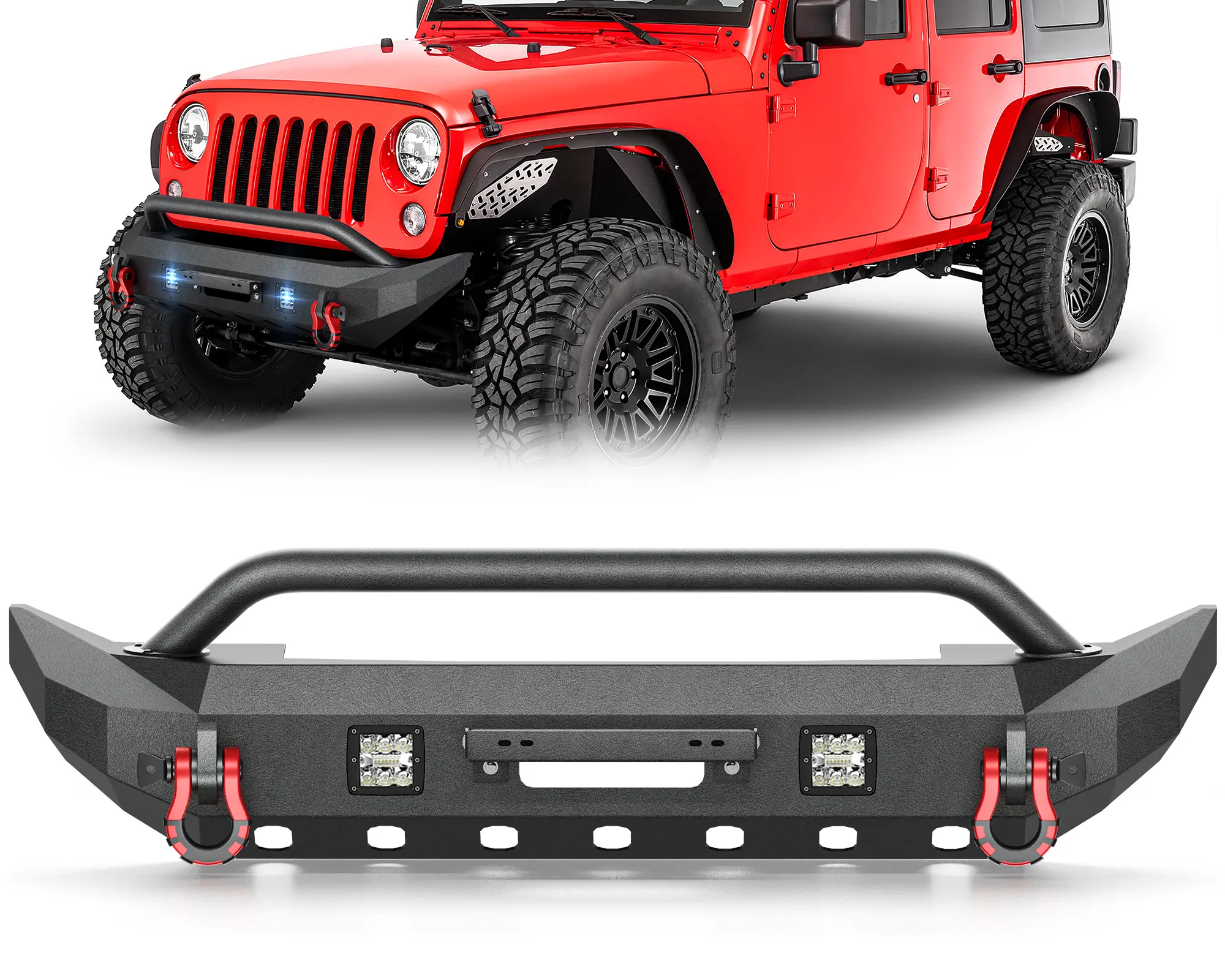 【Yzona】Front Bumper for 07-18 Jeep Wrangler JK/JKU Off-Road, Steel Black Bumper with Winch Plate, 2 LED Lights, D-Ring Holes sohochic
