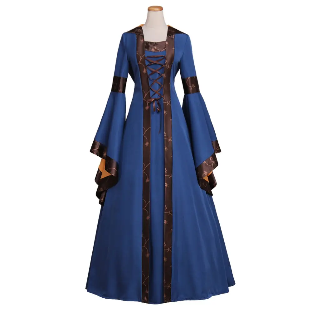 Women's Medieval European Palace Belted Gown - Square Neck, Hooded, Long Sleeve, Adjustable Tie Belt, Flared Skirt, 2XL, 3XL, Polyester Renaissance Fair Casual Dress, Elegant Special Occasion Garment