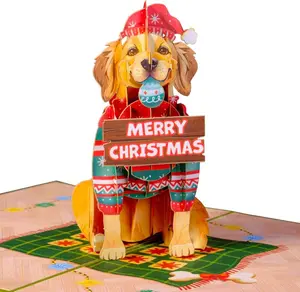 Paper Love Golden Retriever Pop Up Christmas Card 5x7 Laser Cut Festive Dog in Sweater and Santa Hat MERRY CHRISTMAS Sign Premium Cardstock Greeting