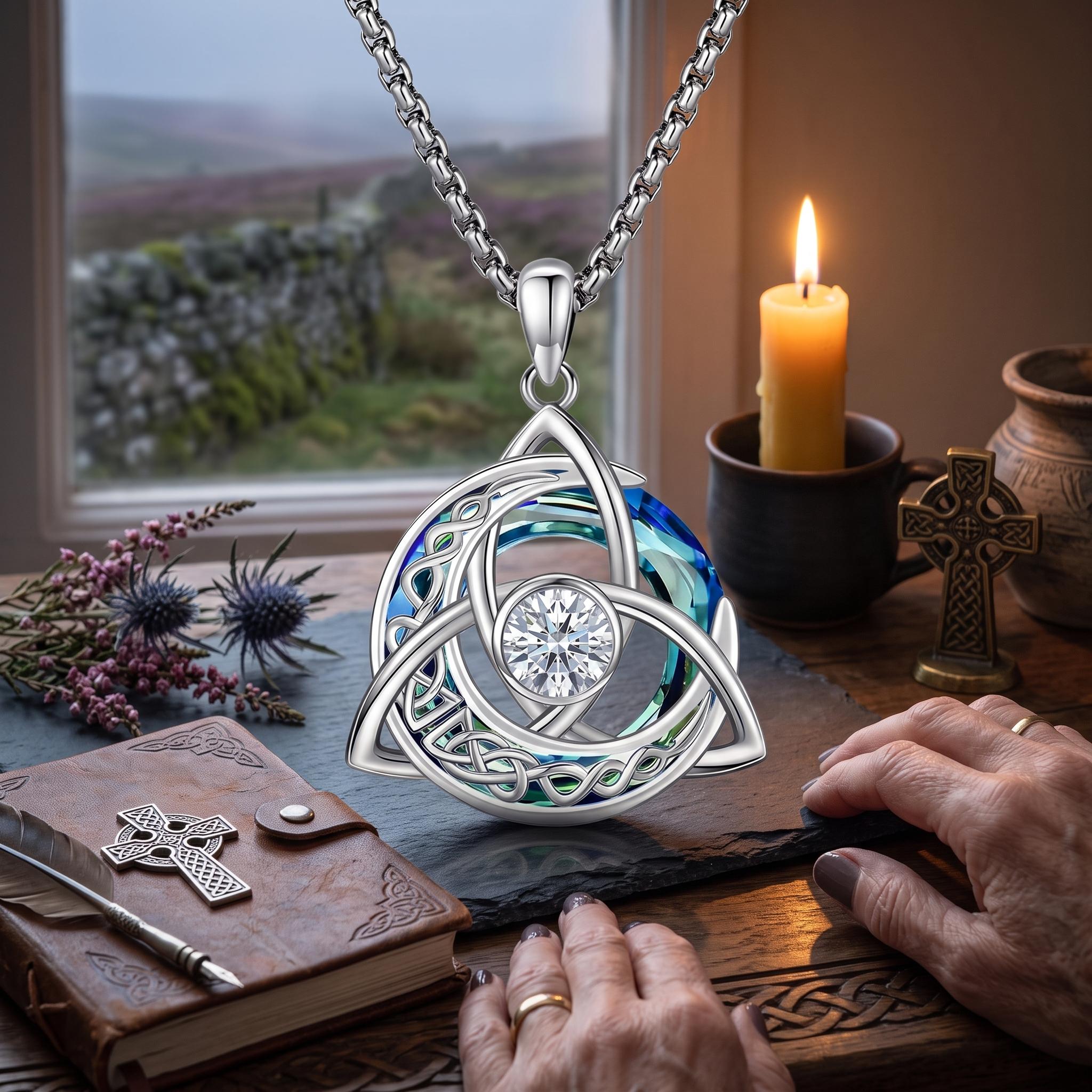 DRINSPER Women's Celtic Birthstone Necklace, Trinity Knot Triquetra Crescent Moon Pendant with Cubic Zirconia, Austrian Crystal Multicolor Gems, 12 Birth Month Non-Natural Crystal Jewelry, 22-24 in Adjustable Chain, Irish Scottish Birthday Gift Ideas