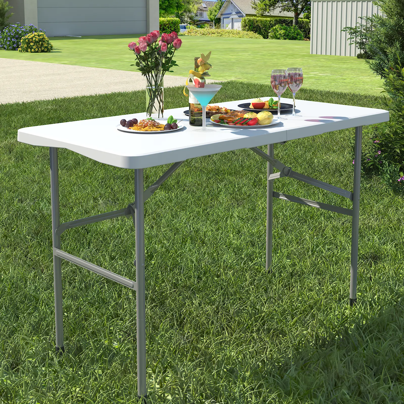 Modern 4ft Rectangular Plastic Foldable Outdoor Table - Heavy-Duty Portable Dining Table with Lock Function, Carrying Handle for Camping, Parties (Indoor-Use Compatible, White)