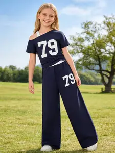 Girls' Summer Outfits Set, Shoulder-Exposed Design, Fashion Casual Short Sleeve Top & Wide Leg Pants, Comfortable All Seasons Wear