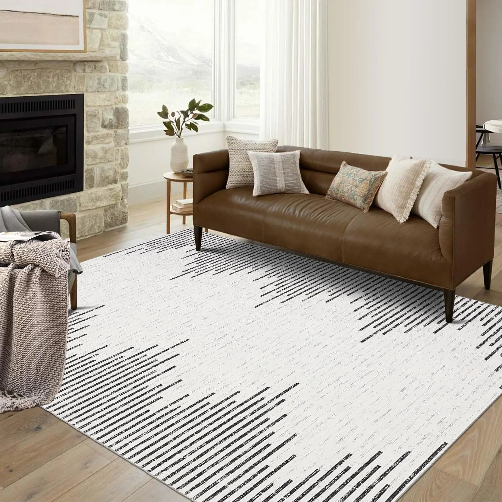 【GARVEE】Washable Area Rugs in Multiple Sizes (2x6, 4x6, 8x10, 9x12) Featuring Modern Striped, Checkered, and Geometric Designs in Neutral Cream and Grey Colors, Low Pile, Non-Slip, Stain Resistant, Ideal for Various Rooms
