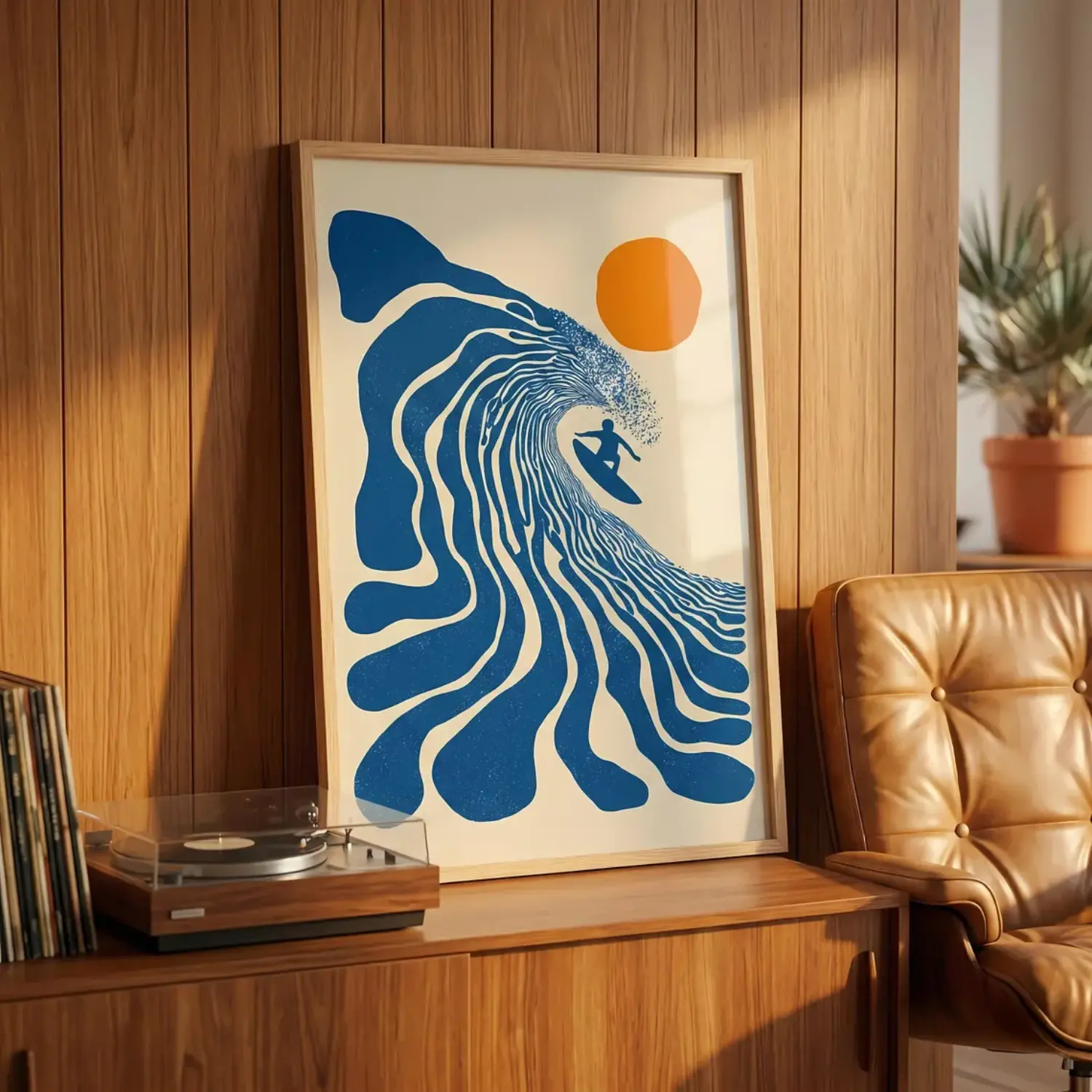 Retro Surfer Art Print | Abstract Wave Wall Art | Coastal Beach Decor | Minimalist Surf Poster | Blue Ocean Wave Print | Unframed