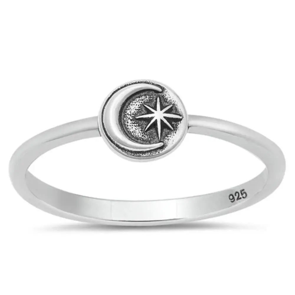Crescent Moon And Star Ring - Oxidized 925 Sterling Silver