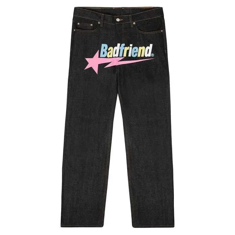 Streetwear 'Badfriend' Print Jeans for Men, Full Length Hip-Hop Harajuku Denim, Loose Fit Wide Leg Casual Pants, Menswear, Denim Pants, High Street Style, Letters, Casual Wear, Multi-Size, Pocket