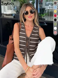 Women's Spring Summer New Knitted Top, Casual Simple V Neck Striped Tie Tank Top, Slim-Fitting Sleeveless Pullover