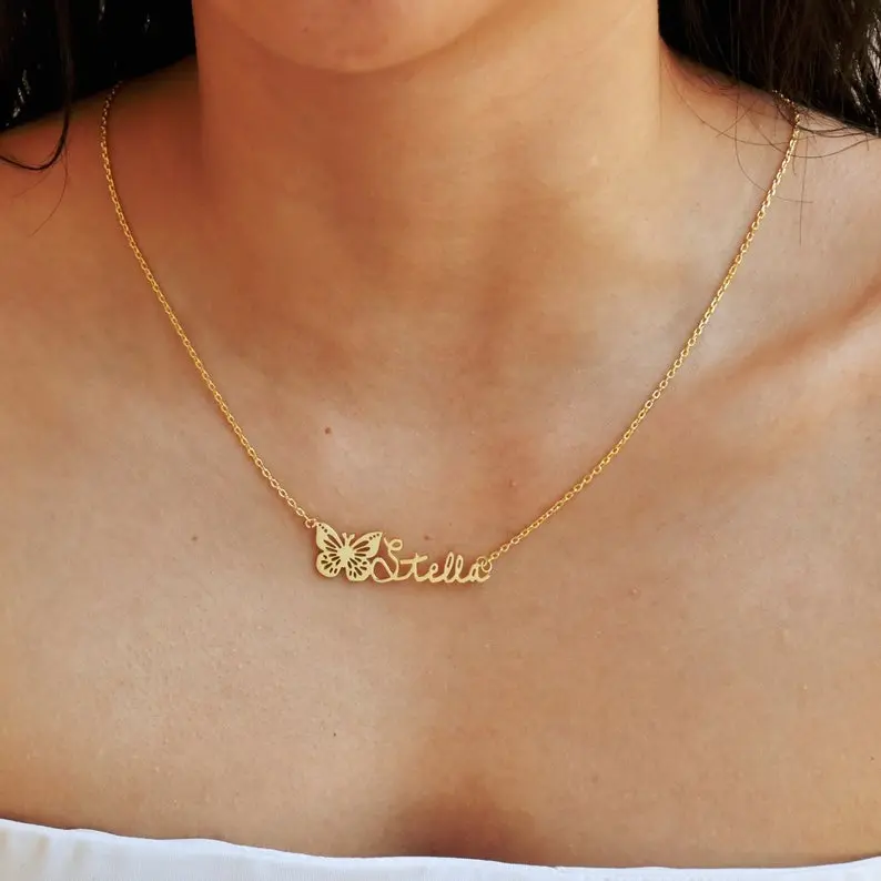 AS180 Custom Cut Name Hollow Butterfly Necklace Stainless Steel Personalized Birthday Month Butterfly Necklace Gift Family Friends