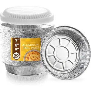 50 PACK Disposable Aluminum Foil Pans with Clear Lids – 7.3/8.5/9.3 Inch Circular Aluminum Pans, Ideal for Baking, Storing, Heating, Serving - Round Foil Pans with Lids