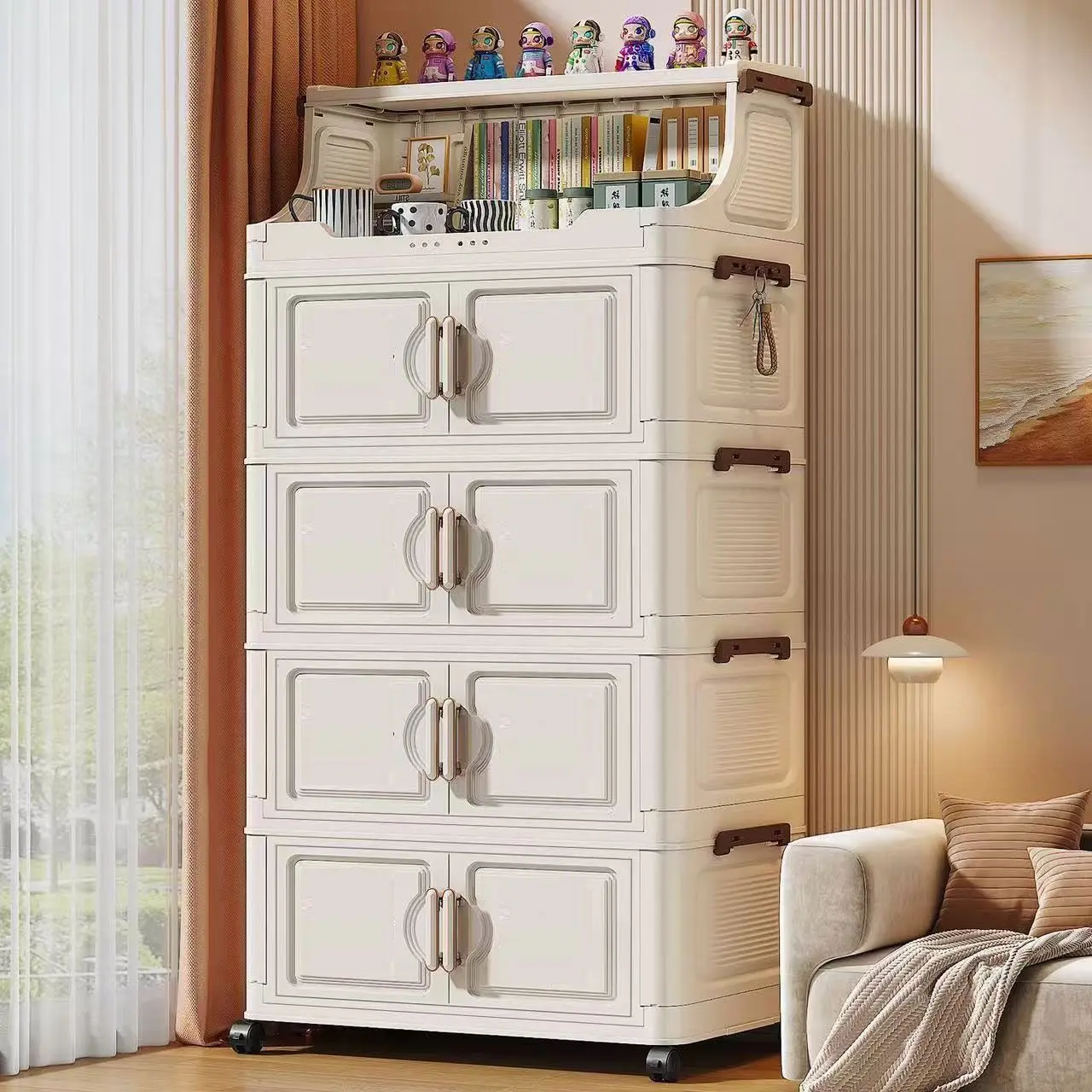 Thickened storage cabinet, foldable storage cabinet, multi-layer floor-standing cabinet for bathroom, household living room, toy and snack storage Wardrobe,No installation required