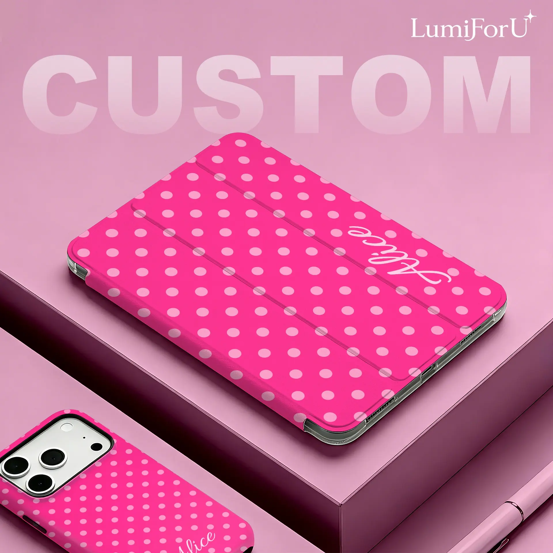 LumiForU Custom Text PU Leather Tablet Protective Cover, Pink Polka Dot Flip Case with TPU Soft Shell, 3-Fold Stand, Pen Holder, Shockproof, Auto Sleep - iPad Accessories Back to School Gift for Air 11/10.9, Pro 12.9/11, Mini 8.3, Galaxy Tab S10+/S9+/S8+