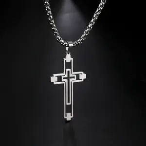 Fashion Creative Cutout Double Cross Pendant Necklace Stainless Steel Church Prayer Jewelry for Men Women Silver Gold Plated Cross Necklace SilverGoldBlack Cross Necklace Set