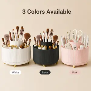 UFORU 360° Rotating Makeup Organizer 5 Compartments Luxury Stripe Cosmetic Brush Holder Multi-functional Desktop Storage Box for Brushes Lipstick Skincare Jewelry Stationery