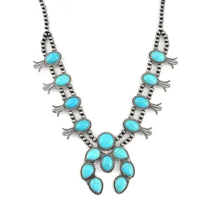 Doorbuster Constituted Blue Howlite 16.00 ctw Squash Blossom Necklace in Silvertone 24-28 Inches