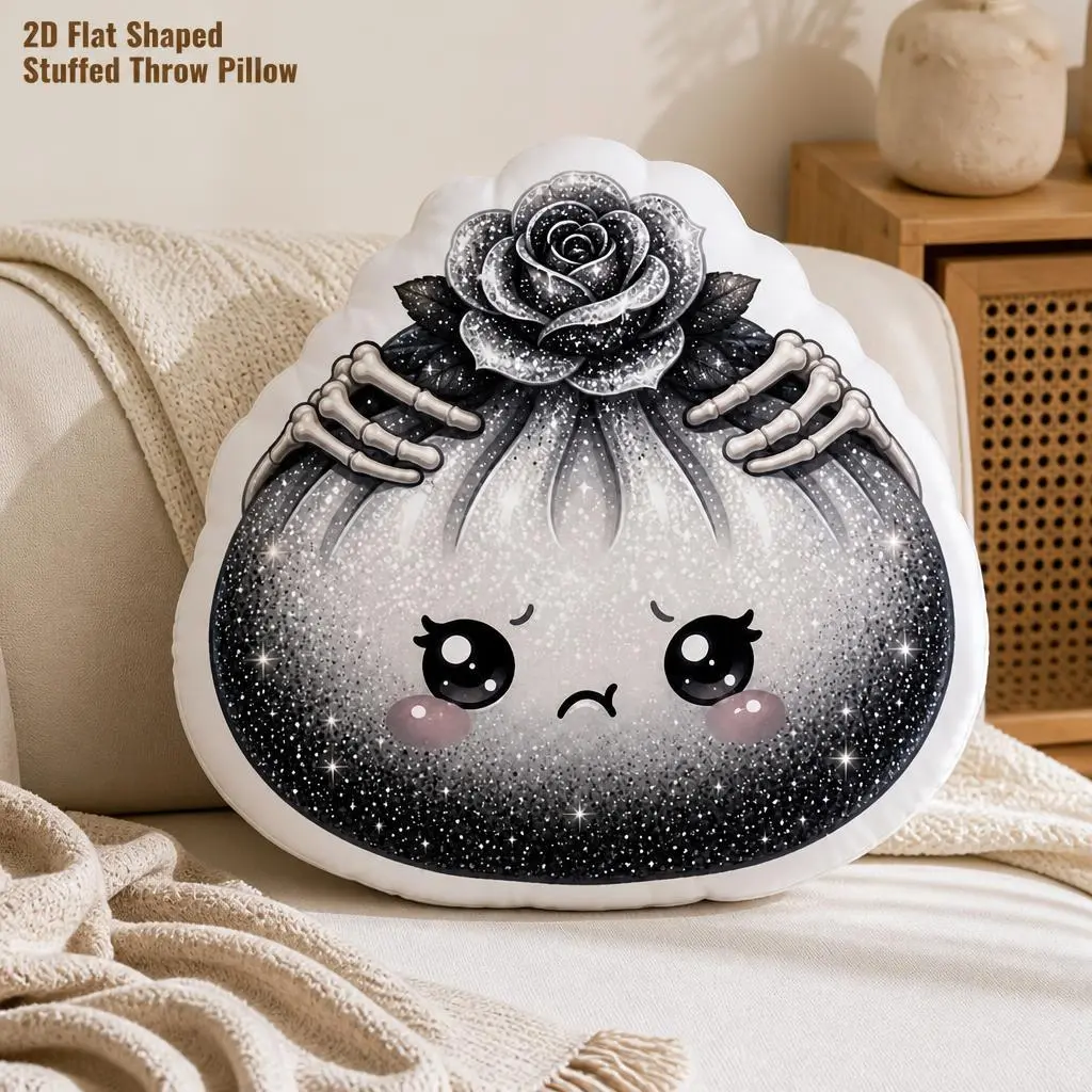 Kawaii Gothic Halloween Dumpling Skeleton Bones Plush Polyester Stuffed Throw Pillow, Ghost Pillow for Cute Room Decor