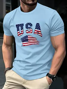 Men's Usa Flag Print T-Shirt, Summer Round Neck Short Sleeve Casual Graphic Design Classic Comfort Top, Casual Summer Clothing, Casual Tee Tops, Outdoor Wear, Fitted H-Type Silhouette