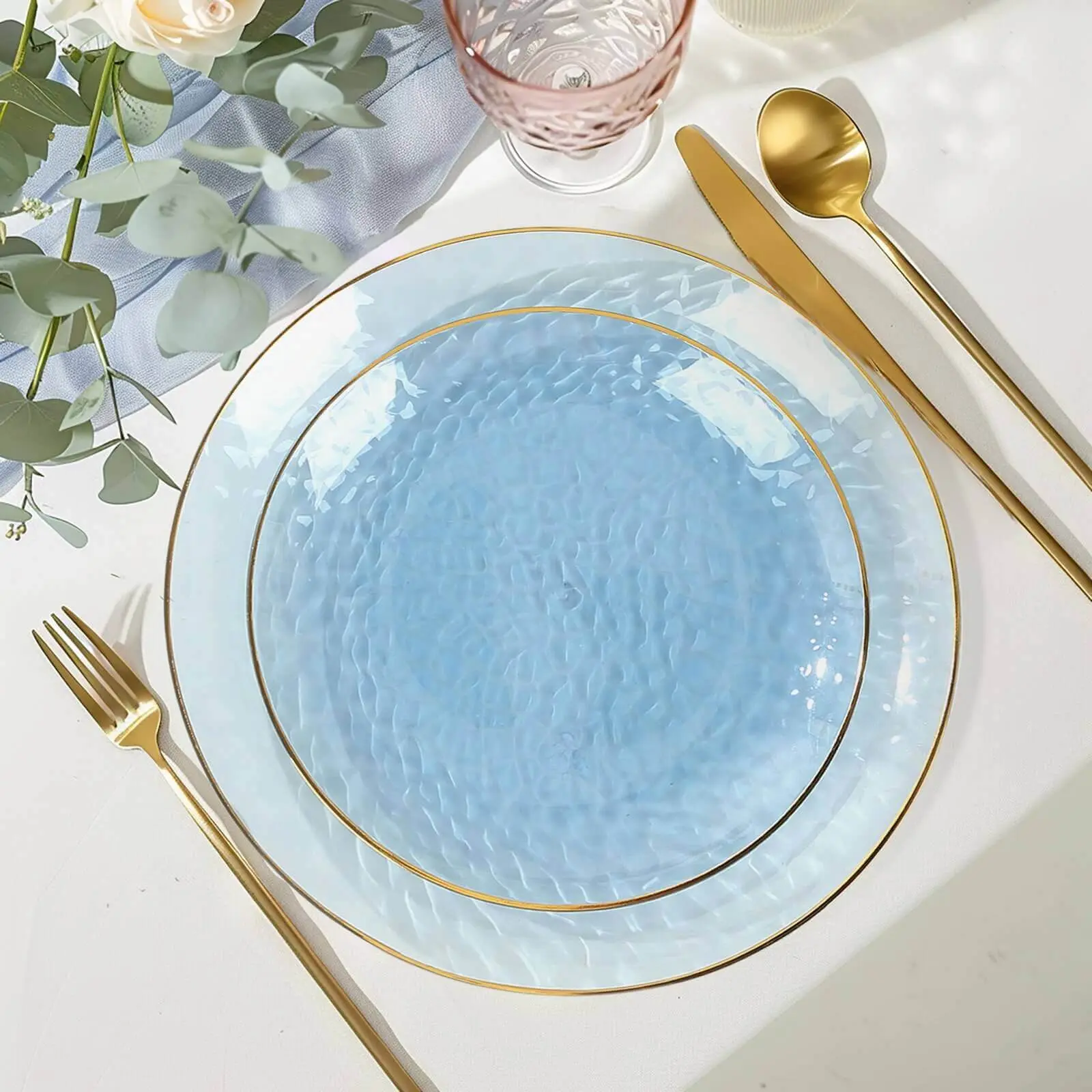 10-Pack Plastic 7" Round Dessert Plates - Transparent Dusty Blue Hammered Design with Gold Rim, Disposable Upscale Occasions Plates for Wedding, Birthday, Not Microwave or Dishwasher Safe