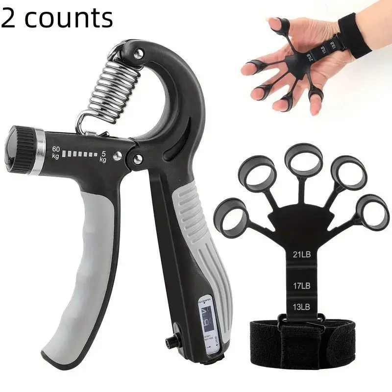 Grip Strength Training Kit, Strength Training Gear, 1 Count Adjustable Grip Strength Trainer & 1 Count 3 Levels Finger Stretcher, Professional Hand Strengthener Workout Hand Grip for Men & Women, Home Training Equipment Workout Fitness Equipment
