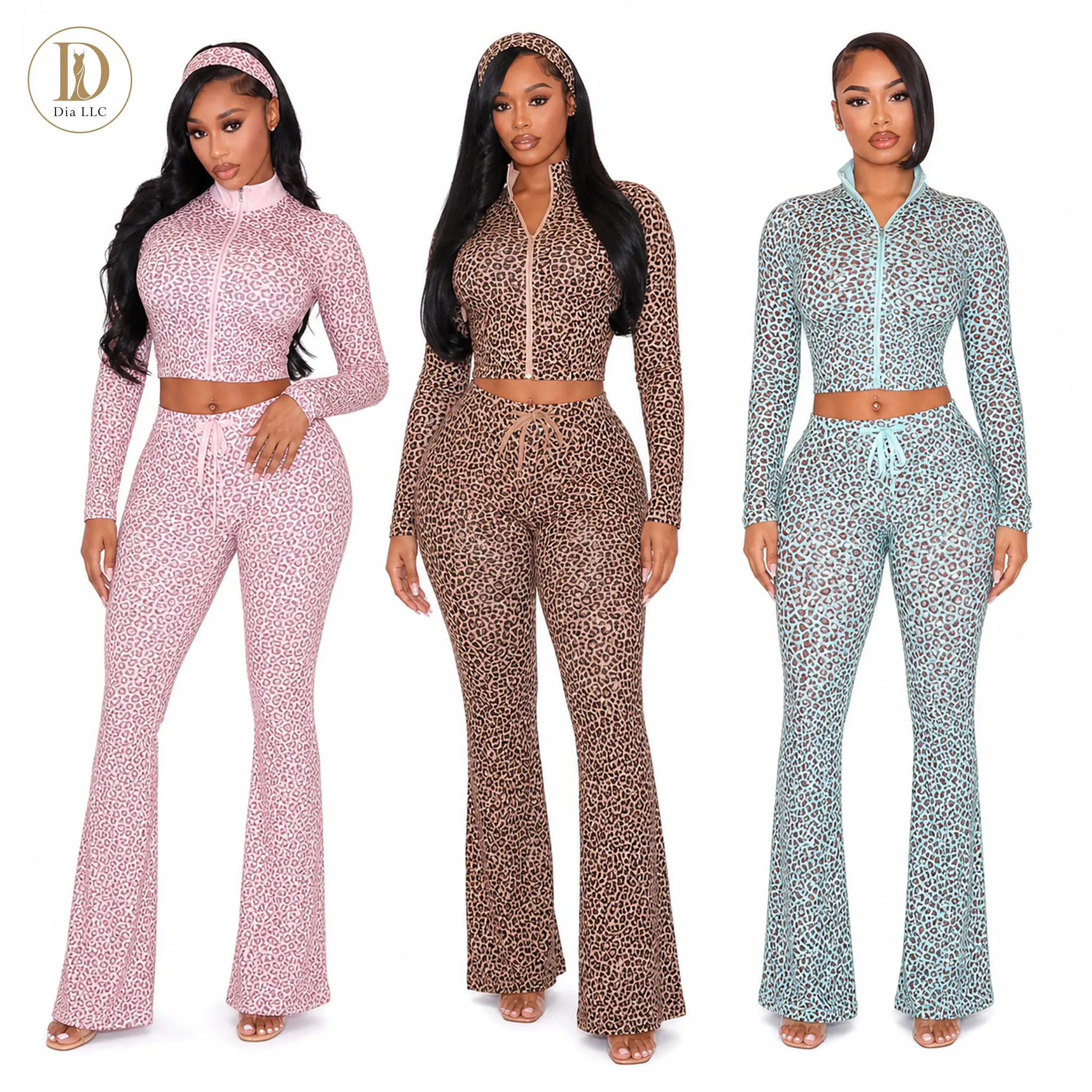 Dia LLC Women’s Y2K Leopard Print 2 Piece Set, Long Sleeve Zip Up Crop Jacket and High Waist Flare Pants, Stretchy Matching Party Lounge Outfit
