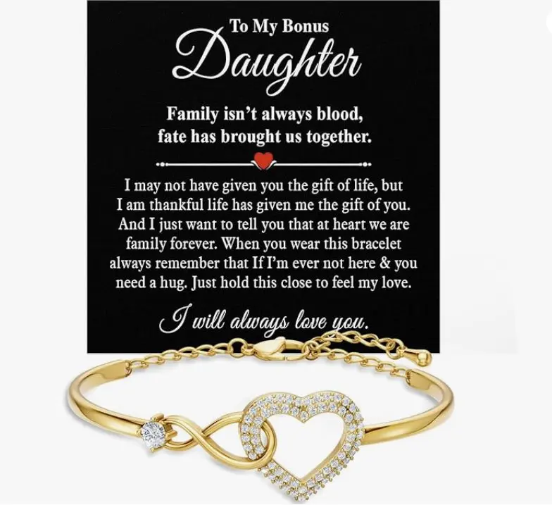 To My Bonus Daughter Bracelet With Heartfelt Message & Elegant Box - Bonus Daughter Gifts Unique From Stepmom Stepdad, Jewelry Gifts For Unbiological Daughter On Birthday Graduation Christmas