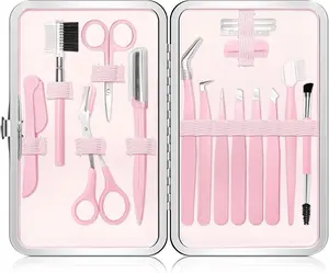 Eyebrow Kit, 17 in 1 Tweezers for Women Facial Hair, Hair Scissors with Comb, Eyebrow Trimmer, Brow Brushes, Hair Tools Travel Bag, Professional Grooming Tweezer Set